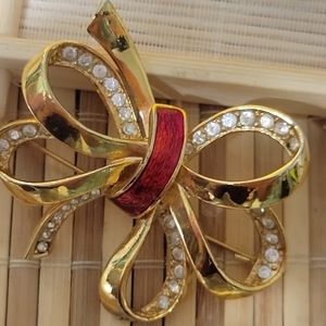 Vintage Gold with Red Enamel ROMAN Bow Brooch